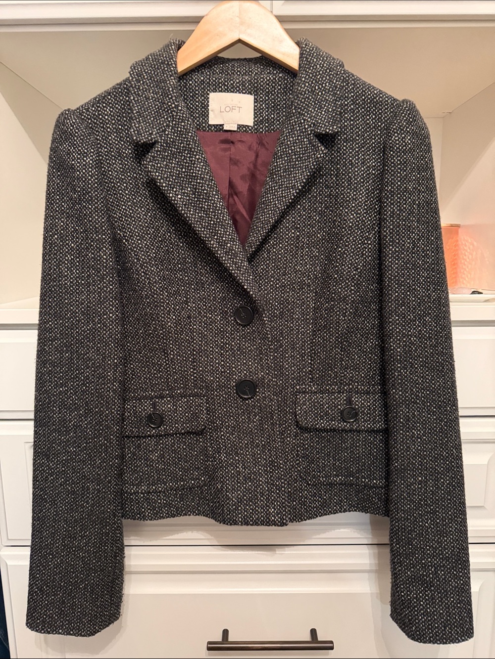 Ann Taylor LOFT Charcoal Tweed Blazer with Burgundy Lining